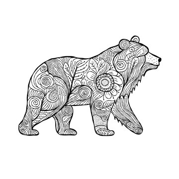 Bear character with Ethnic Floral Ornament isolated on white