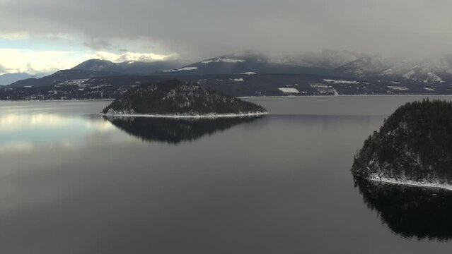 Copper Island's Enchanting Wilderness: Aerial Perspectives of Shuswap Lake's Calm Beauty on a Cloudy Day