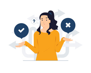 Business decision making, career path, work direction, dilemma, choose, undecided. confusing woman looking at crossroad sign with question mark and think which way to success concept illustration