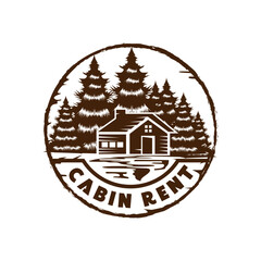 Vintage Retro Circular Pine Trees Forest with Rent Cabin Chalet Logo Design Vector