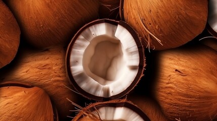 Fototapeta na wymiar Coconuts arranged on a wooden table surface. Generative ai