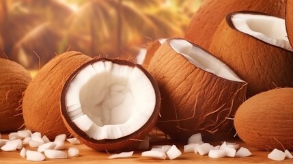 Coconuts arranged on a wooden table surface. Generative ai