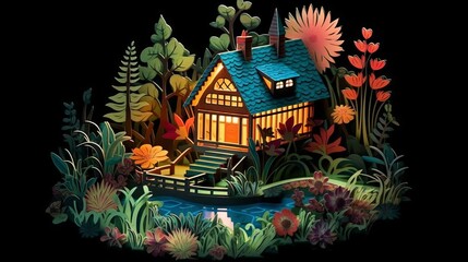 Wooden house in a garden paper cut out design. Made with Generative AI.