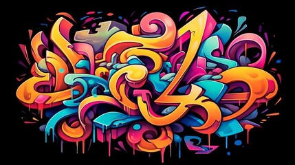 A vibrant graffiti art piece on a dark backdrop. Generative ai
