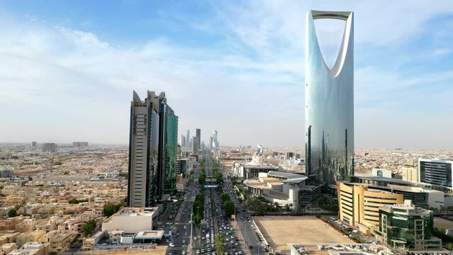 Drone shot King Fahd Road in Riyadh capital city of Saudi Arabia