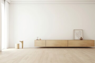 Minimalistic White Room with a Large Wooden Cabine Generative AI