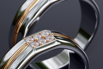 Macro focus of diamond jewelry on white gold ring on black Background From Design With 3d Render.