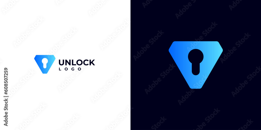 Poster logo for a web3 blockchain development agency. unlock logo with v shield keyhole. safety data logo.