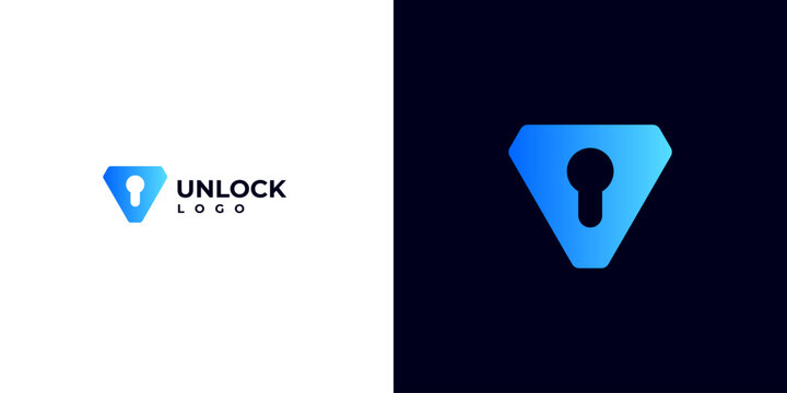 logo for a Web3 Blockchain Development Agency. Unlock logo with V shield Keyhole. safety data logo.