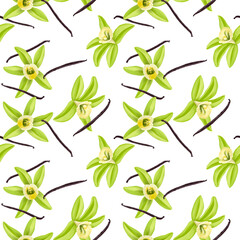seamless pattern with drawing realistic vanilla flowers and beans, yellow orchids, hand drawn illustration,floral design element