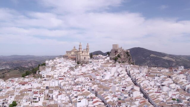 Castillo de olvera at white village In Olvera during daytime, aerial