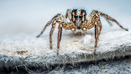 Close up a colorful jumping spider on cement floor, Selective focus, macro shot, Thailand.