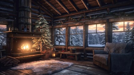 Fototapeta na wymiar A cozy winter cabin with a roaring fire surrounded by snowy trees. Generative ai