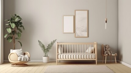 A cozy and stylish baby's room with a crib, chair, and potted plant. Generative ai