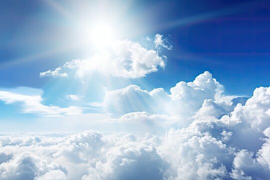 the sun shining brightly above fluffy clouds in a blue sky Generative AI