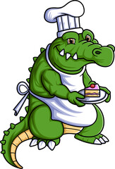 Strong crocodile chef mascot cartoon character with cake