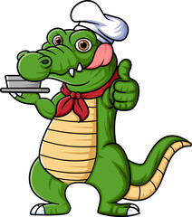 Naklejka premium cartoon chef crocodile carrying food tray