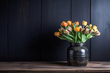 vibrant bouquet of tulips in a black vase Generative AI