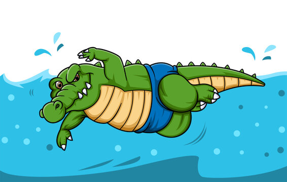 sport funny crocodile swimming cartoon character