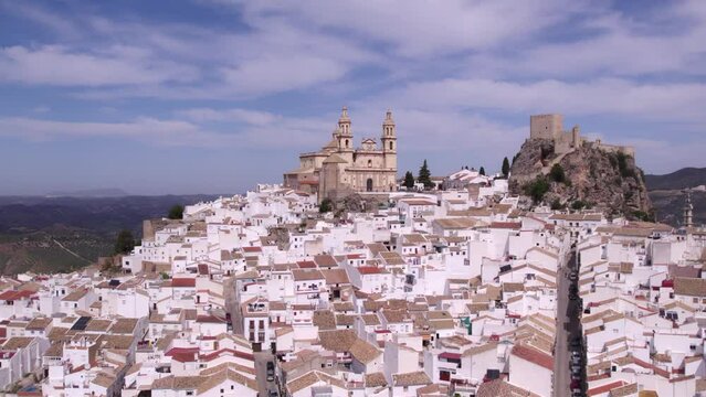 Olvera Town with white houses during daytime, Province Of Cadiz, Aerial 4k