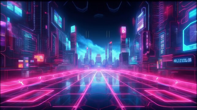 A futuristic city skyline with colorful neon lights at night. Generative ai