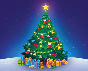 Christmas tree with gift boxes, stars, light bulb chain decorated. Merry Christmas and a Happy New Year