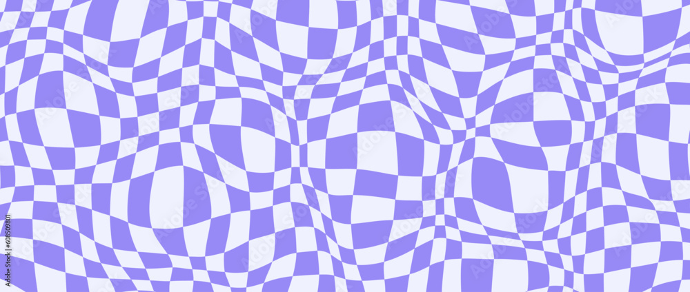 Poster Trippy distorted checkerboard background. Purple psychedelic checkered wallpaper. Wavy groovy chessboard surface. Twisted geometric pattern. Abstract retro vector backdrop