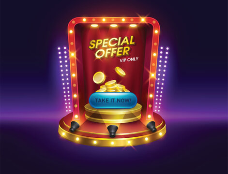 dialog casino slots games. Vegas slot vector illustration. game interfaces. podium special offer pop up with coins and button