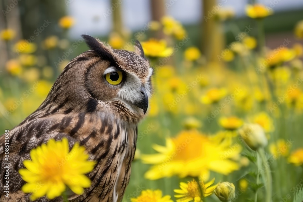 Poster bird of prey perched on a stem in a colorful field of wildflowers generative ai