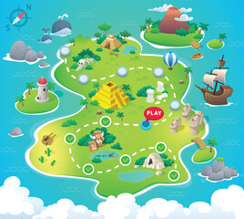 Game Map. Pirate Treasure Maps for children. island. Vector background for game interface. Uninhabited island