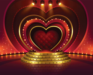 Heart music stage game screen. Show performance begins with hearts podium. Concert illuminated by spotlights vector illustration