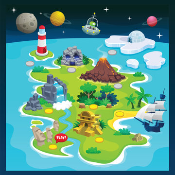 cute cartoon game level map user interface, volcano, lighthouse, temple, pirate ship, waterfall,game design