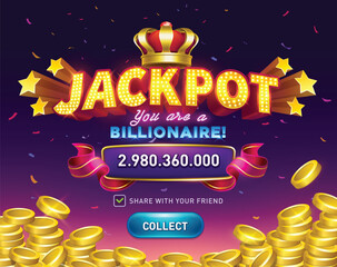 Jackpot. gambling game bright banner with confetti. Slots games. Shining retro sign. Casino or lottery advertising template. big win. vector illustration