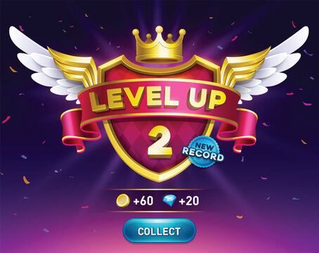Level up game. get reward with collect coins button. Vector award shield with wing, ribbon award. Interface GUI, mobile or web game