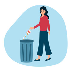 Woman throw cigarettes into trash can in flat design. Female quit smoking concept vector illustration. - obrazy, fototapety, plakaty