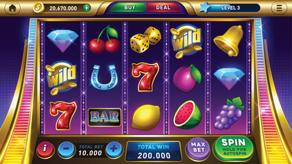 Main screen for slots games. Slots Gameplay icons and buttons. Mobile Game Assets. user interface. casino slot machine template. Vector illustration