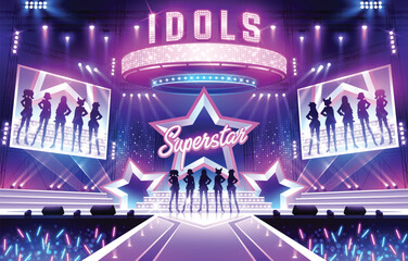 Music stage game screen. Show performance begin with lighting and audience. Concert illuminated by spotlights. Female idol dancing on the dance floor. Superstar posing