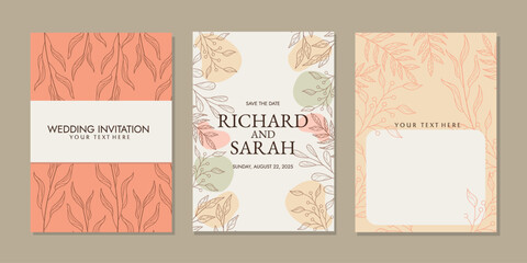 Fototapeta na wymiar Luxury invitation card background with line art flowers and botanical leaves, Organic shapes, Watercolor. Vector invitation design for wedding cover template, flyer, cover, book, card.