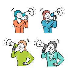 Young woman with megaphone ( woman announcing ) vector illustration set