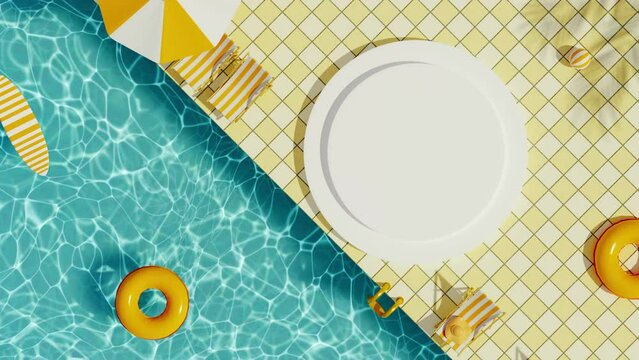 3d render of the pool and water surface with individual chairs, umbrellas and floats from the top view. Animation background with podium for display product. Cartoon style, summer vacation concept.
