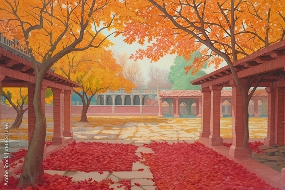 Poster vibrant autumn courtyard with red-leaved trees generative ai
