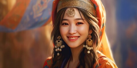 Uyghurs girl illustration by generative AI - obrazy, fototapety, plakaty
