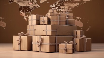 A stack of gift-wrapped presents in front of a world map. Generative ai