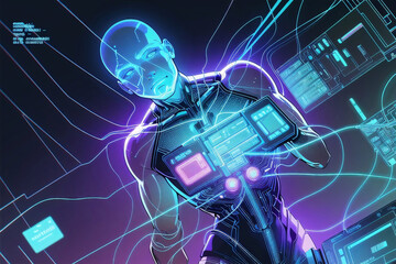 Illustrated Sci-Fi AI Bald Man Hologram Projection Blue Glow Detailled Generative AI Illustration
