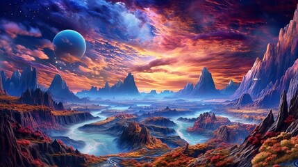 An extraterrestrial world with towering mountains and multiple planets visible in the sky. Generative ai