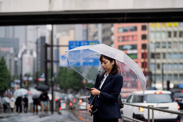雨のストリートで傘をさしてスマホでメールを見るビジネスウーマン