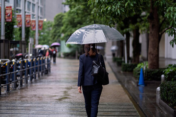 雨の街を歩く女性の後ろ姿