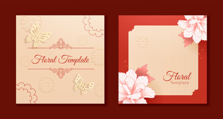 Red peony floral template set