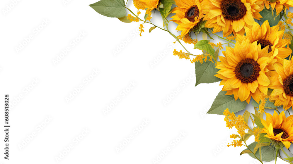 Wall mural cheerful sunflower blooms as a frame border, isolated with negative space for layouts