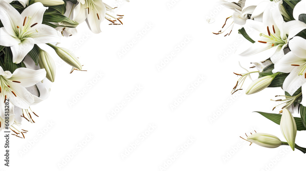 Sticker graceful lily petals as a frame border, isolated with negative space for layouts